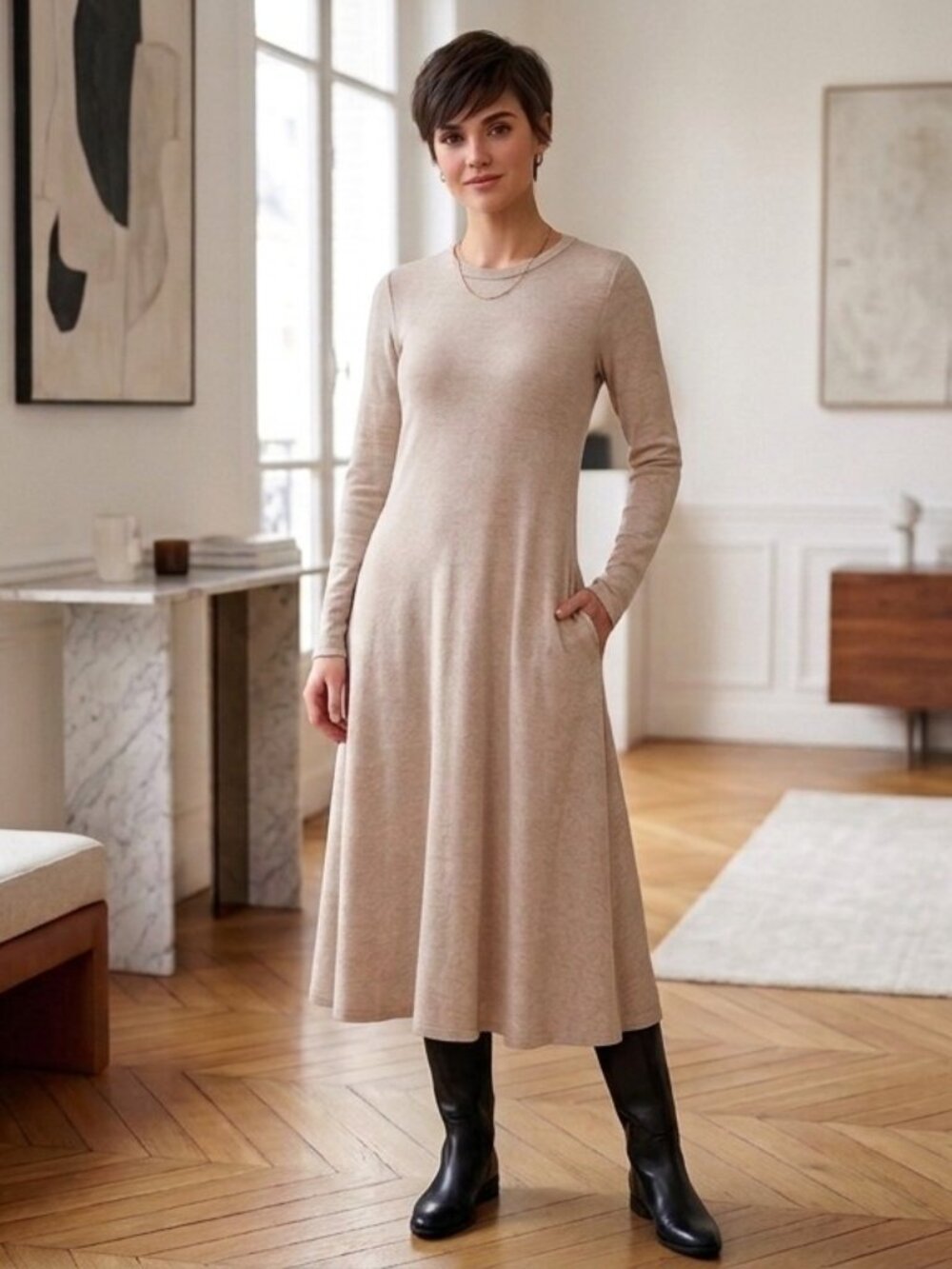 UNIQLO Ribbed Long Sleeve A-Line Midi Dress - Beige (M)